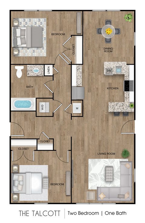 Floor plan for 2 beds, 1 bath, 980 sqft